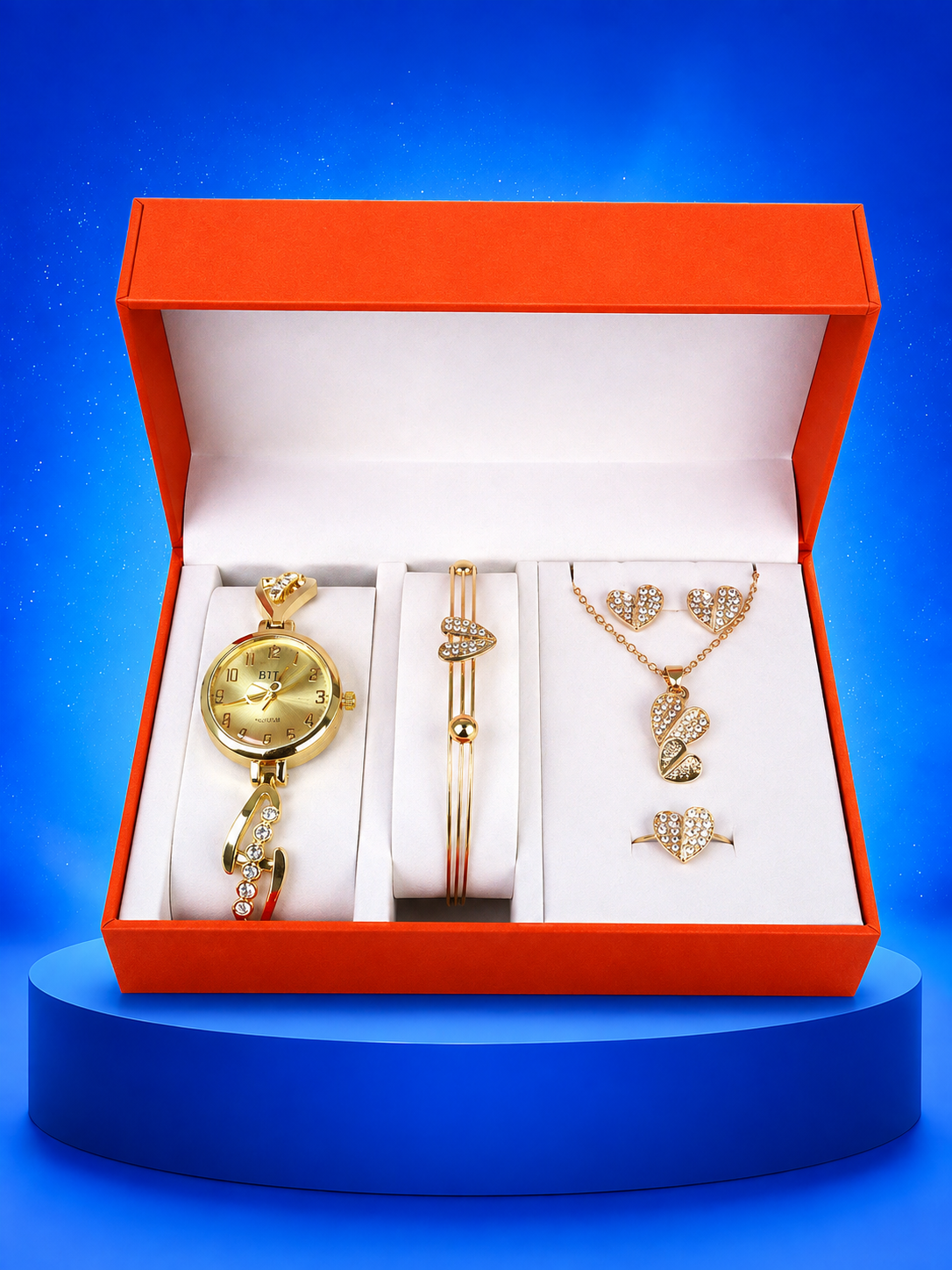 5 JOYAS (COLLAR, ARETES, ANILLO, PULSERA, RELOJ)