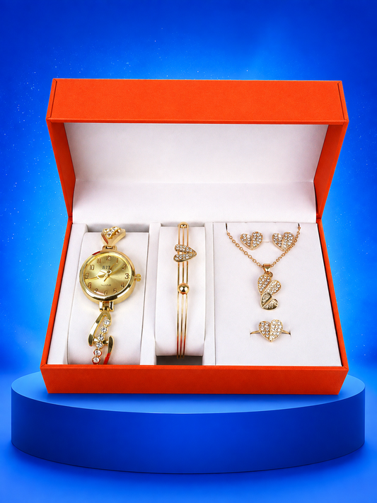 5 JOYAS (COLLAR, ARETES, ANILLO, PULSERA, RELOJ)