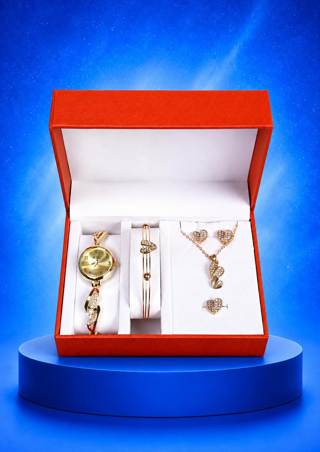 5 JOYAS (COLLAR, ARETES, ANILLO, PULSERA, RELOJ)