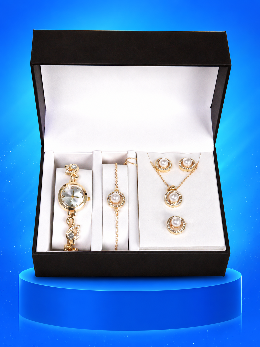 5 JOYAS (COLLAR, ARETES, ANILLO, PULSERA, RELOJ)