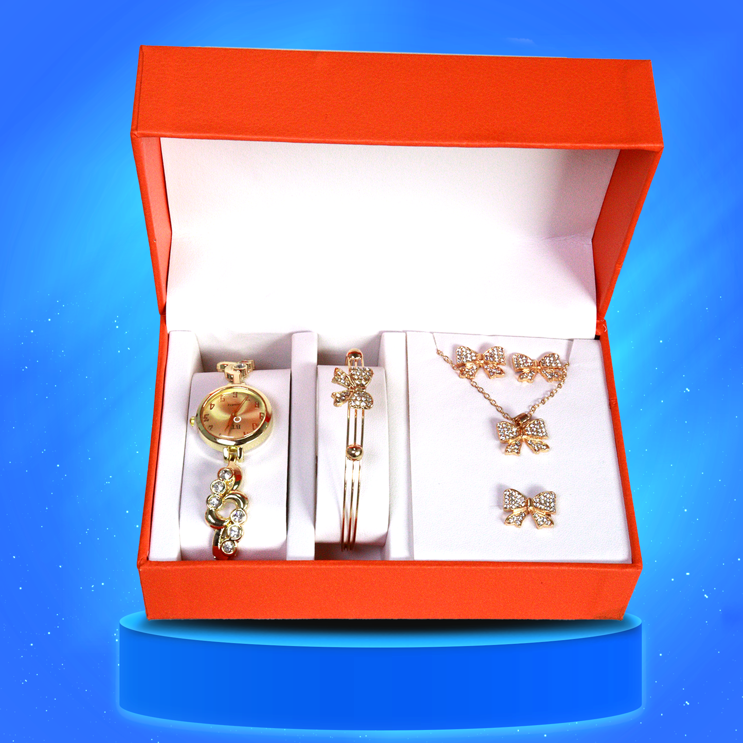 5 JOYAS (COLLAR, ARETES, ANILLO, PULSERA, RELOJ)
