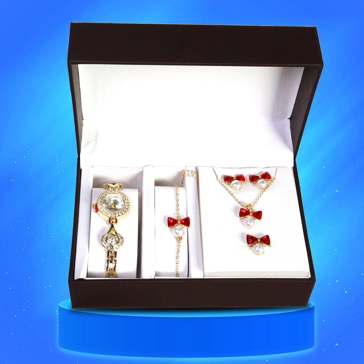 5 JOYAS (COLLAR, ARETES, ANILLO, PULSERA, RELOJ)